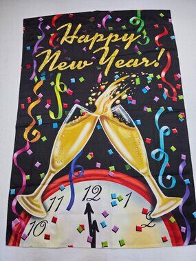 Happy New Year Yard Garden Flag Champagne Glasses Clock Design Outdoor 28 X 40